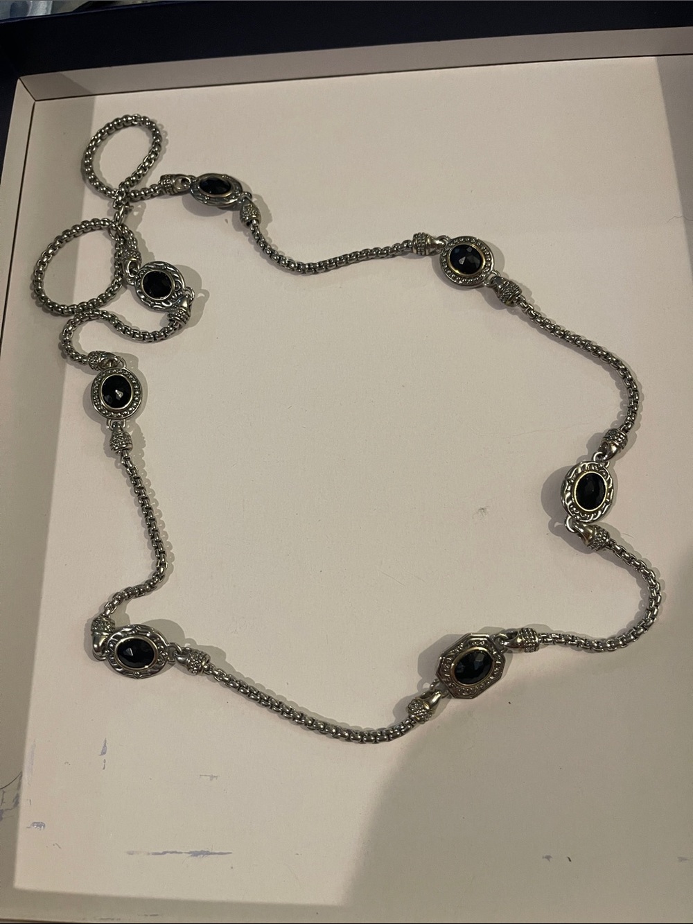 Silver Black Stone Station Necklace